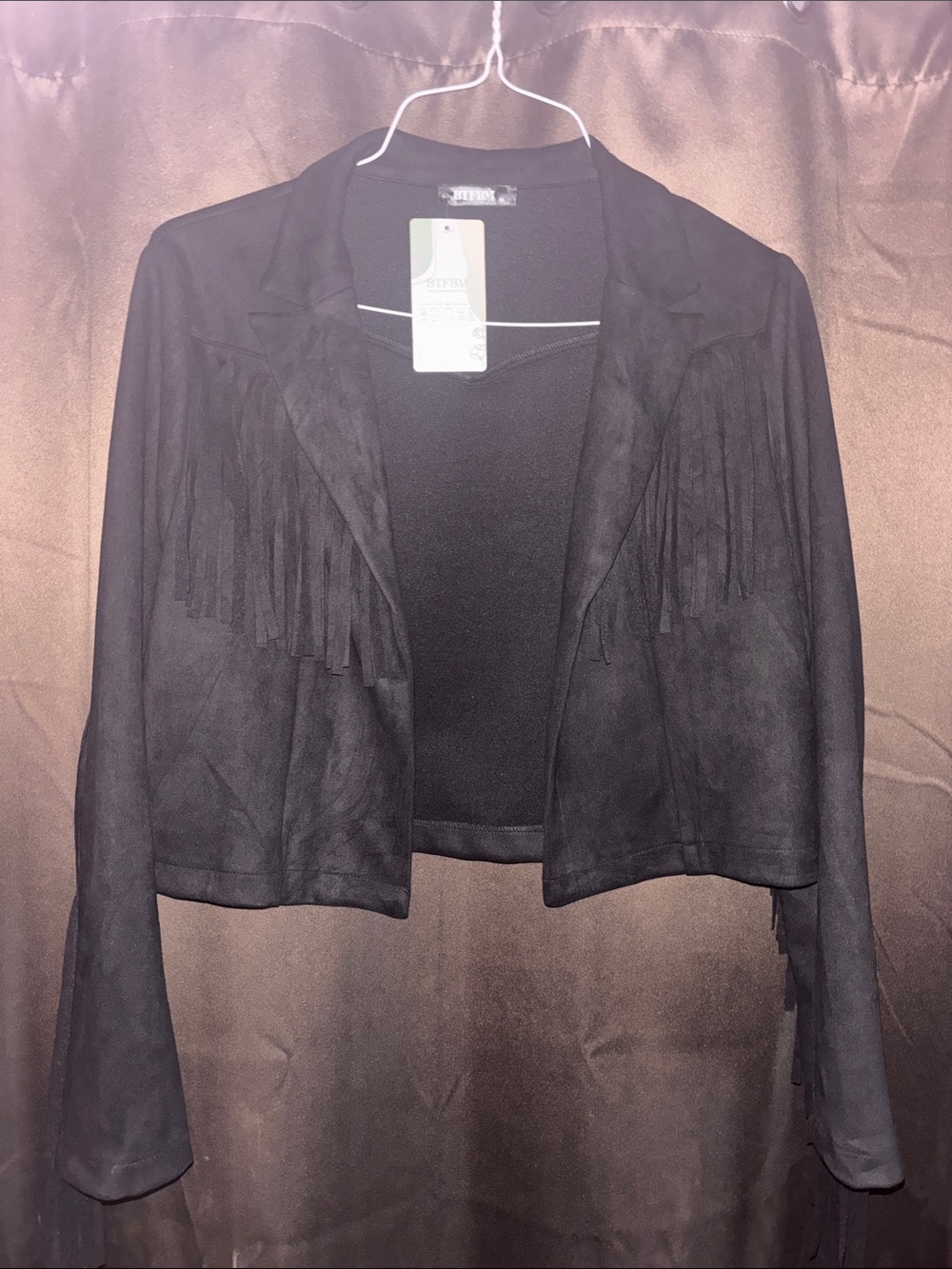 Black Fringe Open-Front Suede Blazer
